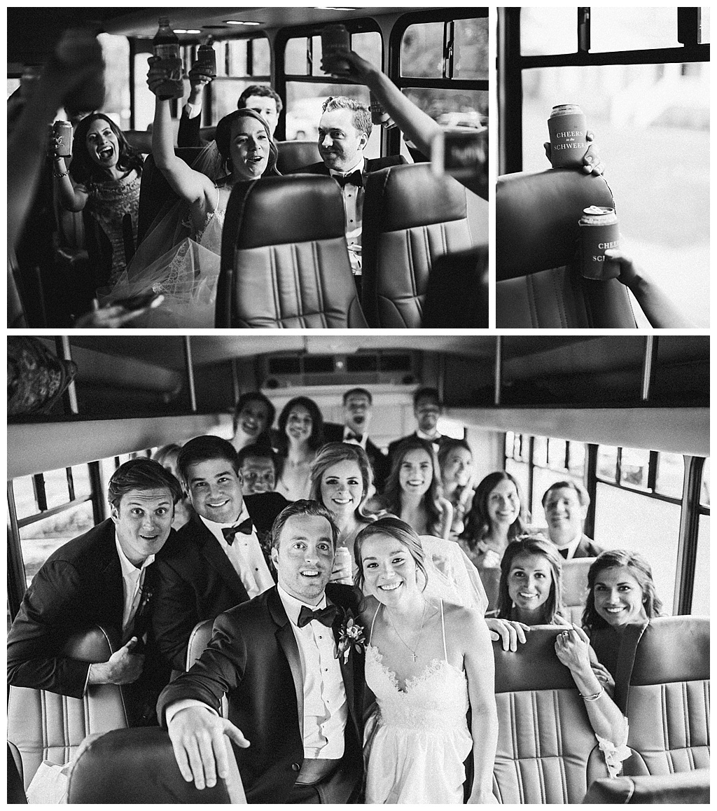 Wedding party riding on a bus from the ceremony to the reception
