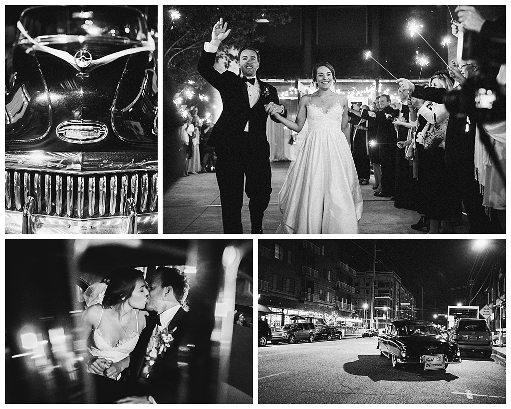 Bride and groom grand exit with sparklers and leaving in a vintage car